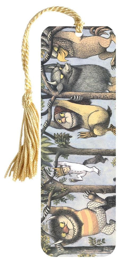 Bookmark featuring Where The Wild Things Are, with Max and friends shown with gold tassel on white background.