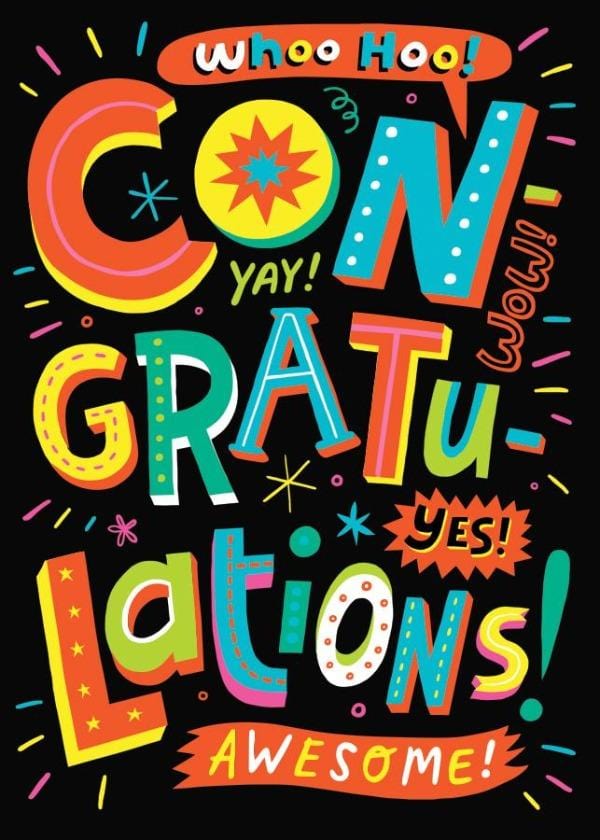 note card featuring a bright, colorful CONGRATULATIONS on a black background.