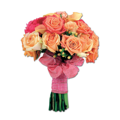 shaped note card featuring photographic image of an orange bouquet of roses.