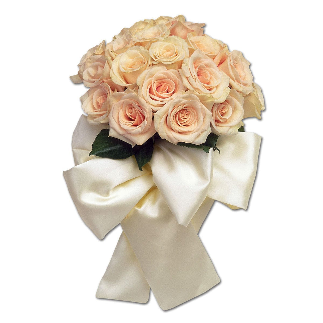 shaped note card featuring photographic image of light pink rose bouquet with white satin ribbon.