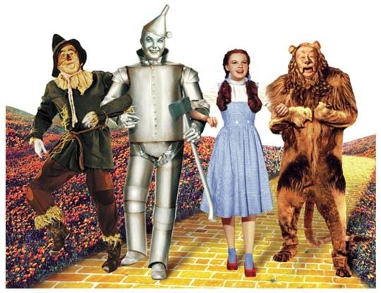 Die Cut Note Card featuring the Wizard of Oz characters walking on the yellow brick road, shown on white background.