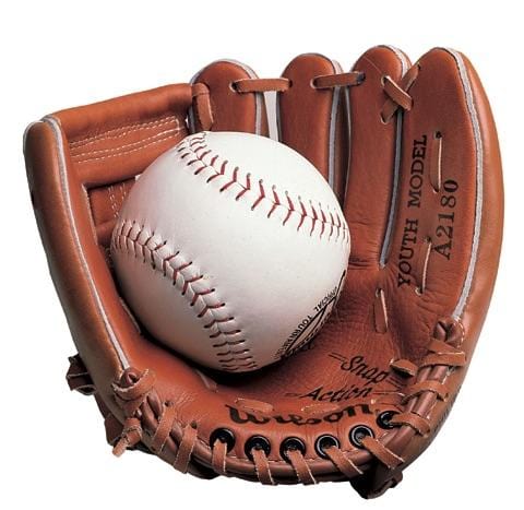 die cut note card featuring a photographic baseball in glove, shown on white background.