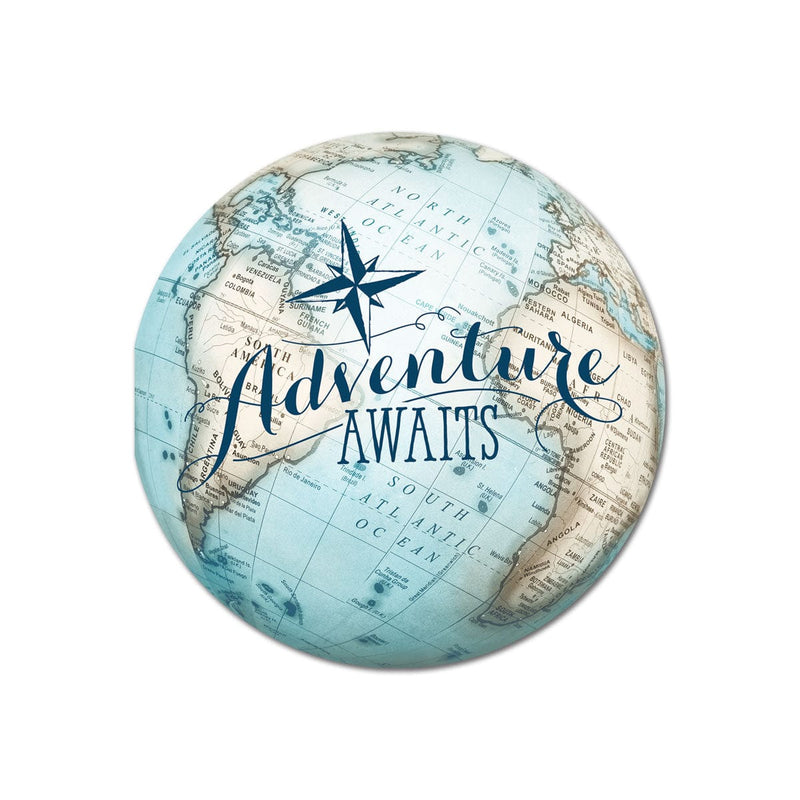 shaped note card featuring a globe with Adventure Awaits text.