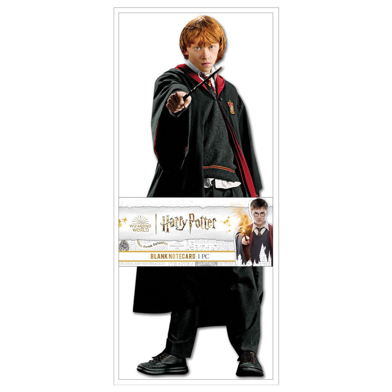 shaped note card featuring Ron Weasley performing witchcraft shown in package on a white background.