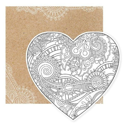 note card featuring heart die cut coloring card with kraft colored envelope, shown on white background.