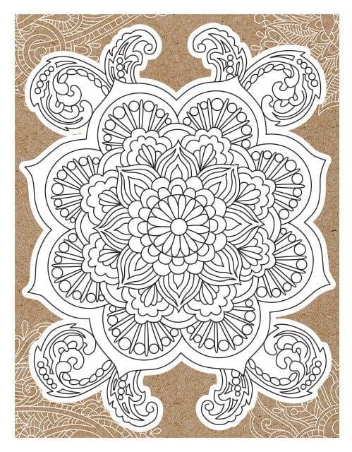 note card featuring die cut Mandala coloring card with kraft colored envelope, shown on white background.