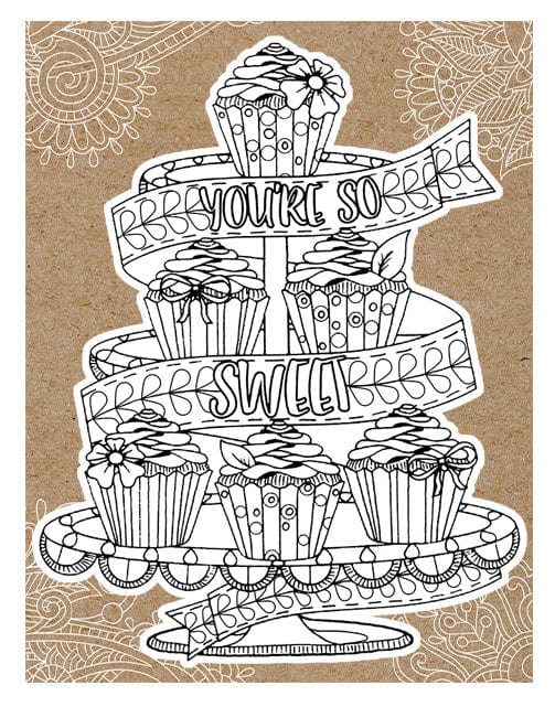 note card featuring a stack of cupcakes coloring card with kraft colored envelope, shown on white background.
