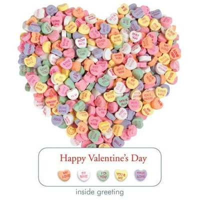 note card featuring die cut, photo real, heart shaped image of sweetheart candies with inside greeting featured, shown on white background.