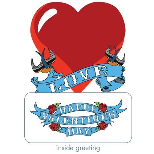 die cut note card featuring an illustration of a red heart with a blue LOVE banner and a close up of the inside greeting of HAPPY VALENTINES DAY, shown on a white background.