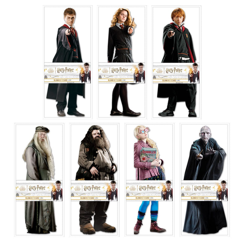 This image of a harry potter note cards set features 7 photo-real harry potter characters die cut and shown in packaging on a white background.
