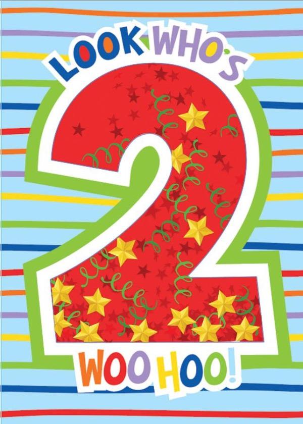 birthday card featuring a large number 2 filled with confetti on a colorful striped background.
