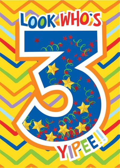 birthday card featuring a large number 3 filled with confetti on a colorful striped background.
