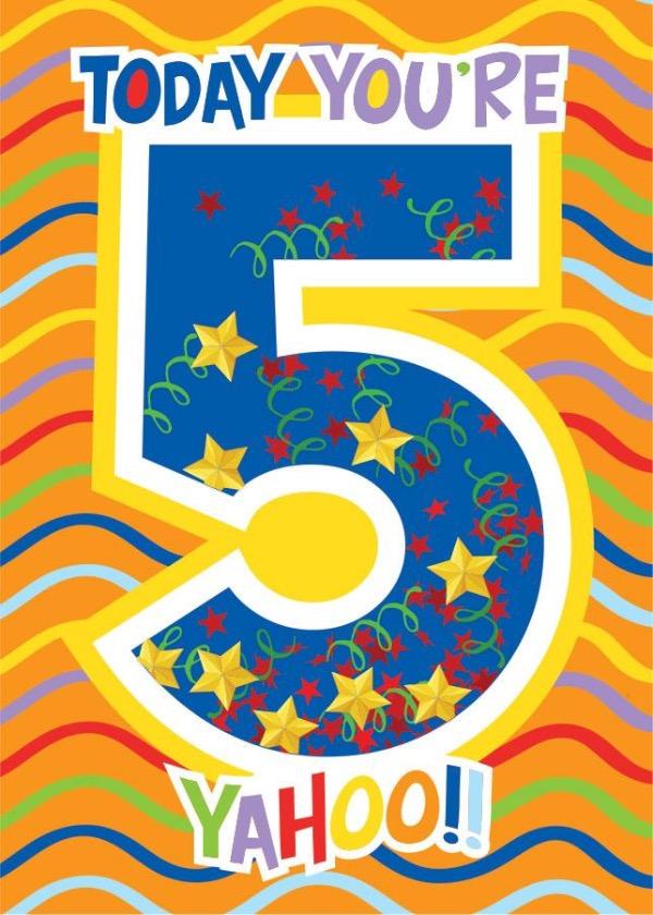 birthday card featuring a large number 5 filled with confetti on a bright striped pattern background.