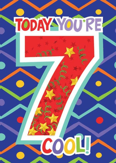 birthday card featuring a large number 7 filled with confetti, on a colorful pattern.