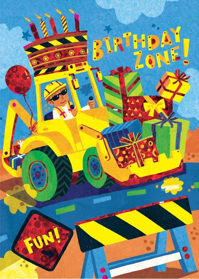 note card featuring a colorful illustration of a backhoe filled with birthday presents.