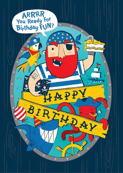birthday note card featuring a colorful illustrated pirate holding a slice of birthday cake.
