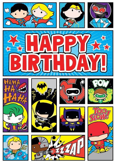 birthday note card featuring colorful DC Comics™ Chibi Super Heros with foil accents.