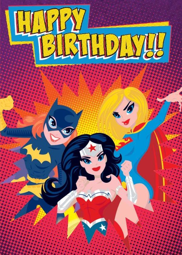 birthday note card featuring 3 colorful DC Comics ™ Super Hero Girls on a bright red and purple background with foil accents.