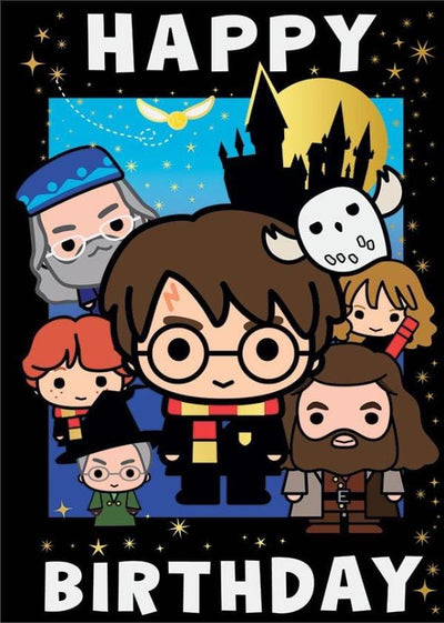 birthday note card featuring Harry Potter chibi characters.