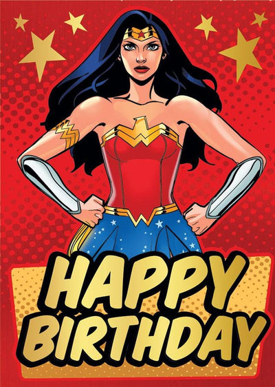birthday note card featuring a colorful Wonder Woman on a red background with gold highlights.
