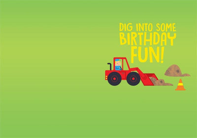 inside spread of birthday note card featuring construction equipment on green background.