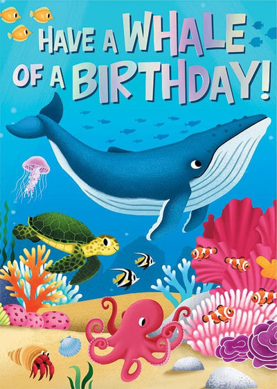 birthday note card featuring colorful, illustrated whale, sea turtle, octopus and fish