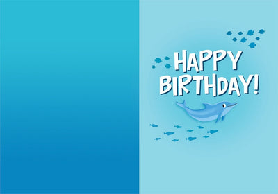 inside spread of note card featuring Happy Birthday on a blue background with an illustrated dolphin.