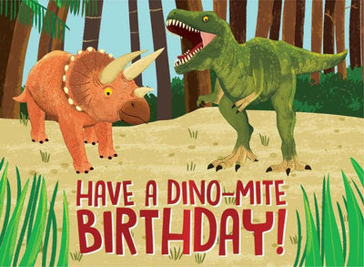 birthday note card featuring an illustrated scene with 2 dinosaurs.