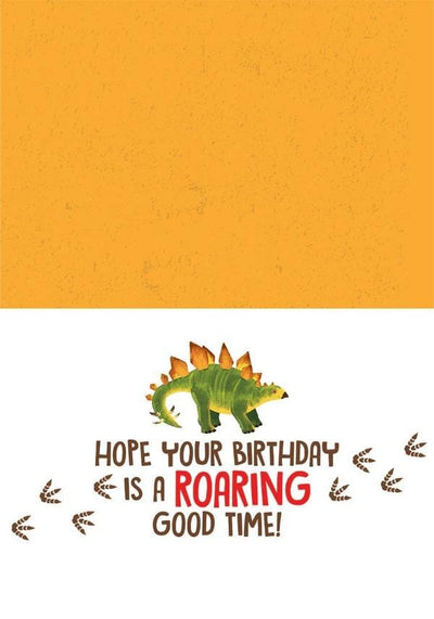 birthday note card featuring the inside spread with an illustrated dinosaur and an orange background.