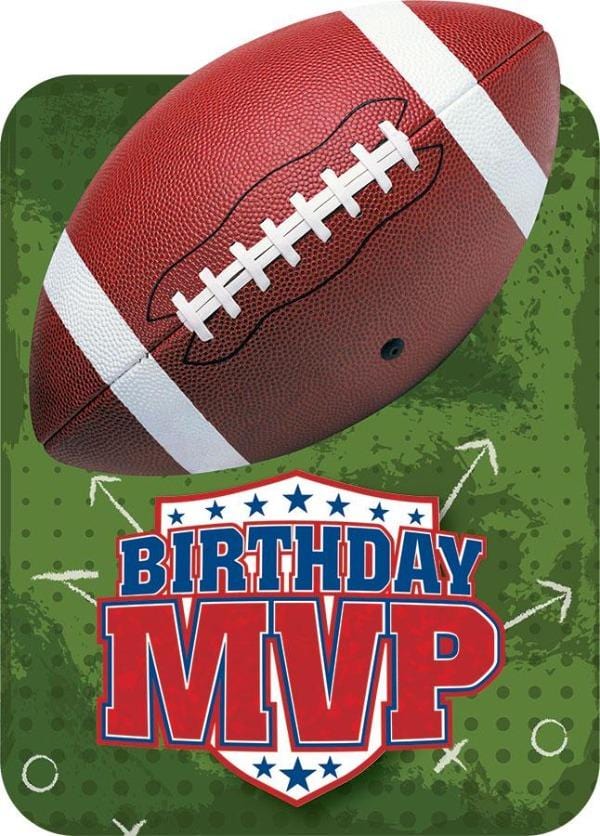 birthday note card featuring a photo real football on a green patterned background.