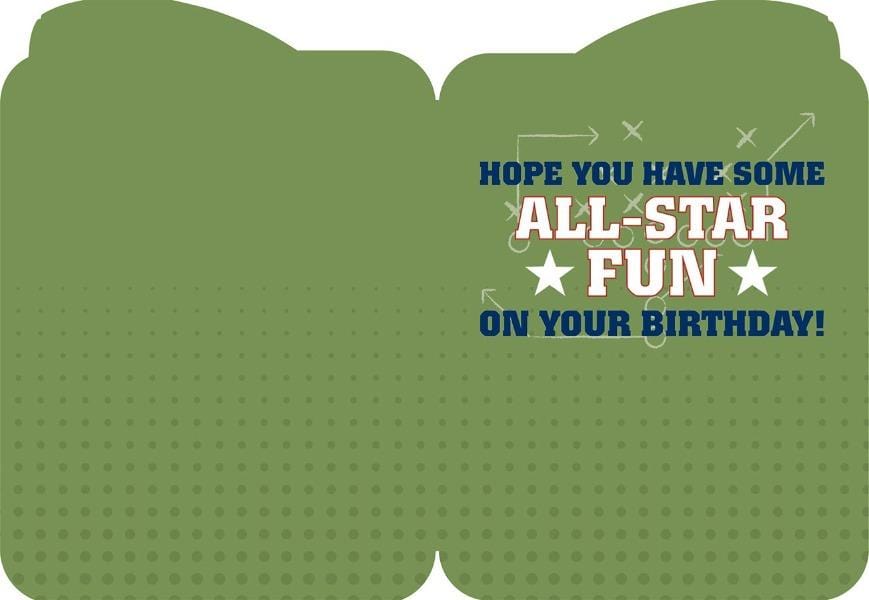 inside spread of note card featuring birthday sentiment on a green patterned background.