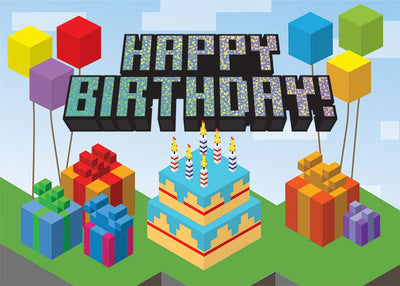 birthday note card featuring colorful illustrated blocks and birthday cake with holographic foil accents.
