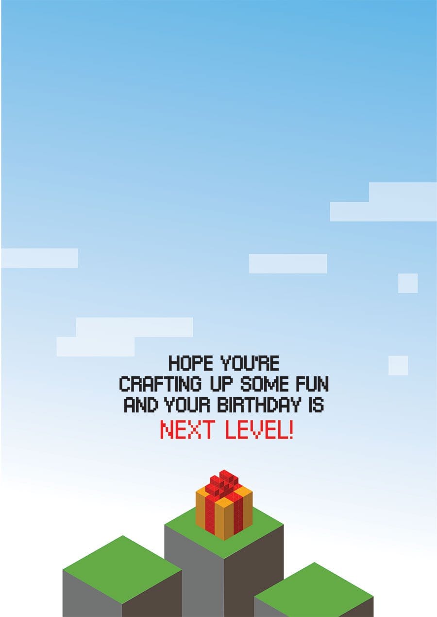 note card inside featuring illustrated blocks and birthday present on blue sky background.