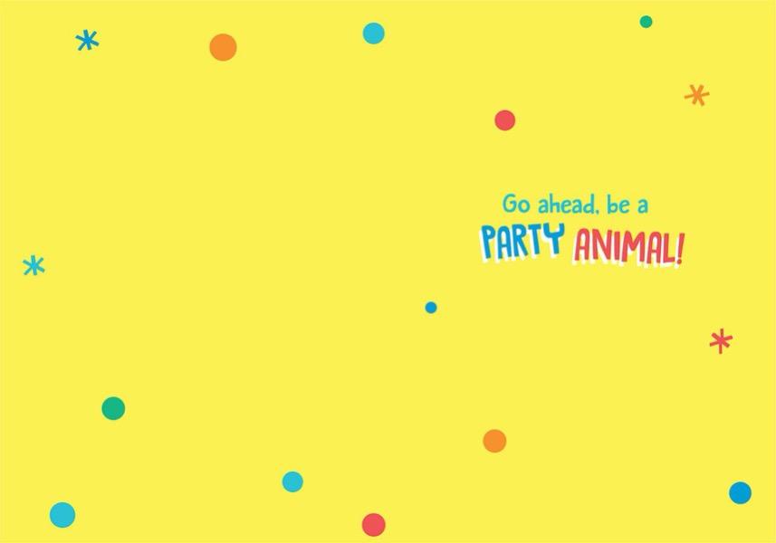 inside spread of note card featuring Party Animal sentiment on yellow background with colorful polka dots and stars.