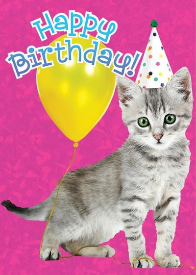 note card featuring a photo real gray kitty in a party hat with a yellow balloon on a pink patterned background.
