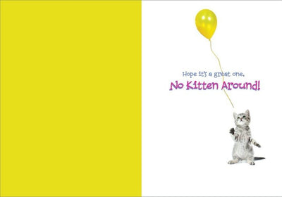 inside spread of note card featuring a photo real kitty with a yellow balloon and birthday sentiment on yellow and white background.
