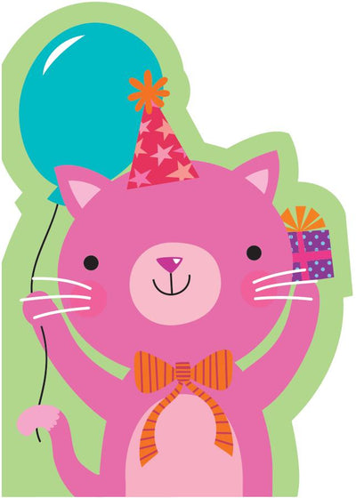 birthday note card featuring a colorful illustrated pink kitten in a party hat holding a blue balloon.