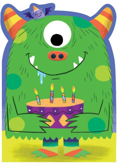 birthday note card featuring a large, colorful green, one-eyed monster holding a birthday cake with candles.