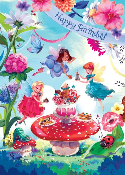 note card featuring an illustrated fairy garden party with colorful fairies and flowers.