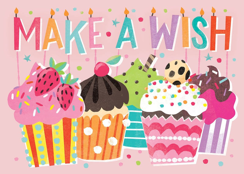 birthday card featuring illustrated, colorful cupcakes and "Make A Wish" candles.