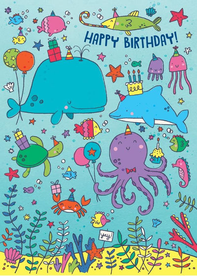 birthday note card featuring a colorful illustrated underwater scene.