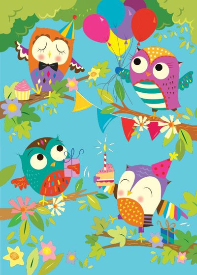 note card featuring colorful illustrated owls in trees.