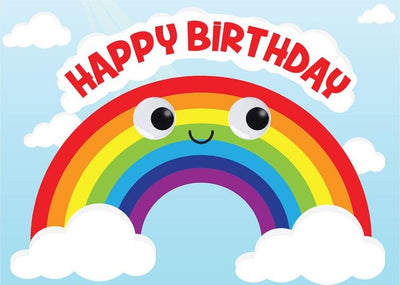birthday note card featuring a googly eye rainbow and sky.