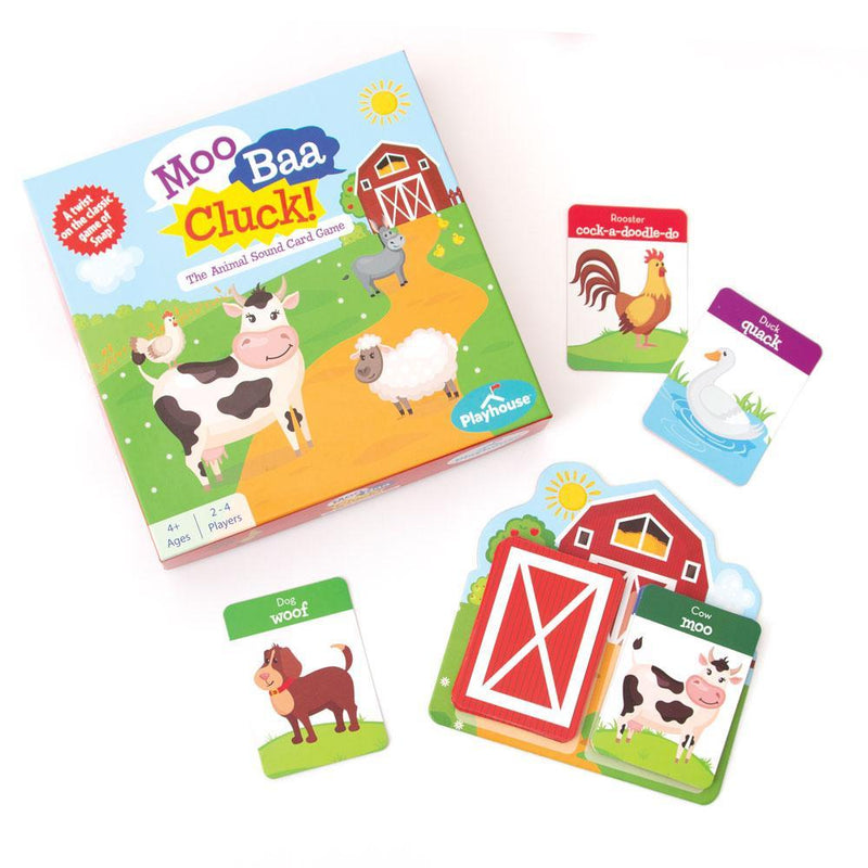 Moo Baa Cluck kids card game image shows  game box and game cards featuring adorable farm animal illustrations