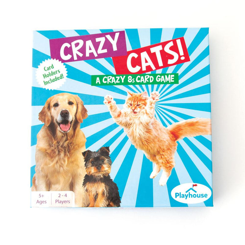kids card game featuring Crazy Cats! with photo real cat and dogs on colorful pkg background, shown on white background.