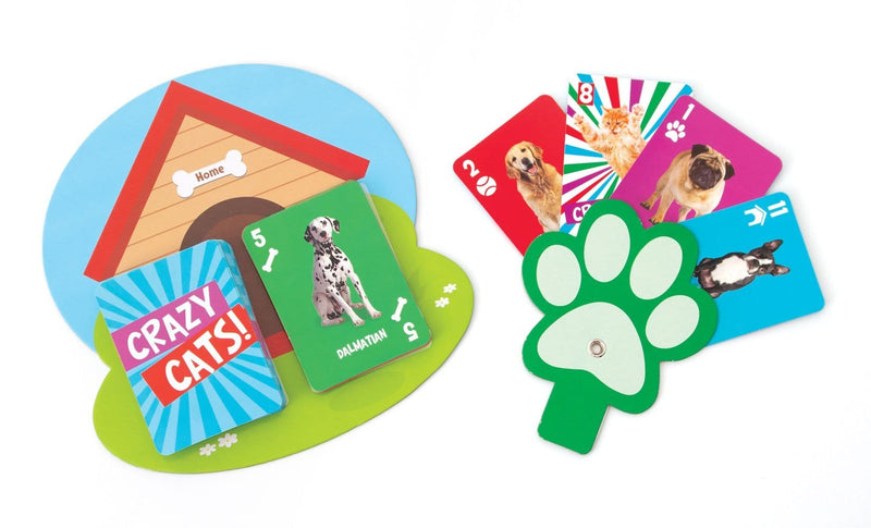 Crazy Cats crazy eights kids card game image shows examples of game cards featuring adorable dogs and cats and paw shaped card holder