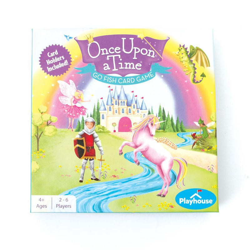 Once Upon a Time go fish kids card game image of game box with illustrations of a castle, knight, unicorn, and fairy.