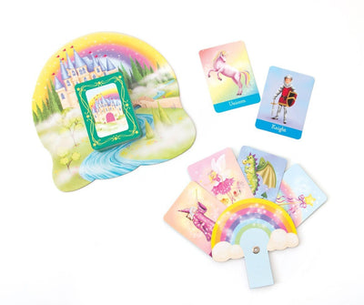 Once Upon a Time go fish kids card game image of game pieces with illustrations of  unicorns, dragons, and fairies in a rainbow card holder.