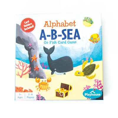 kids card game featuring Alphabet A-B-SEA with illustrated sea creatures shown in package on white background.