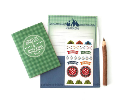 Adventures at Camp kids stationery image of address book, sticker sheet, note paper and envelope featuring words, tents and graphic illustrations.